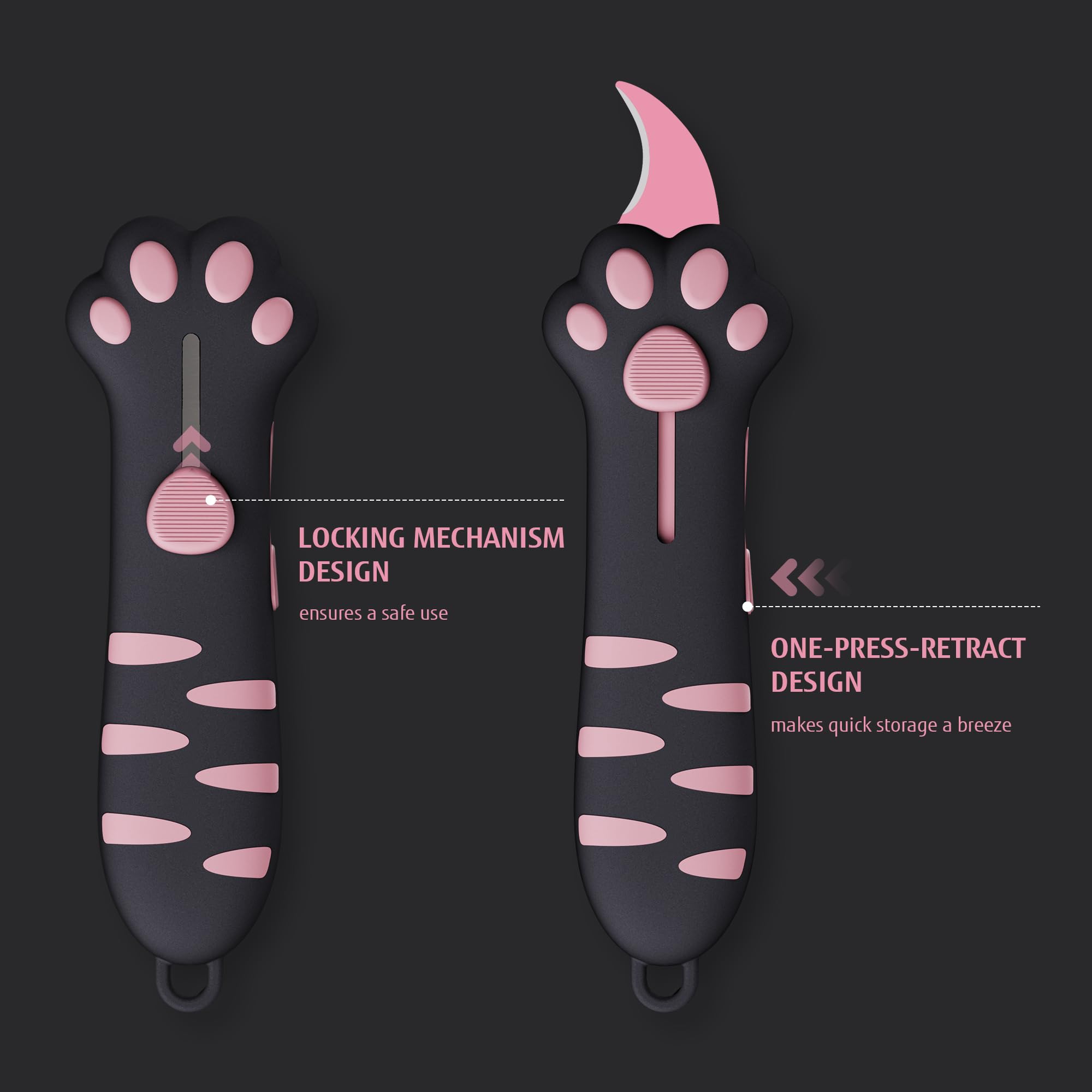 Cutter rétractable lame acier inoxydable revêtement antiadhésif poignée ergonomique patte de chat Rose Noir