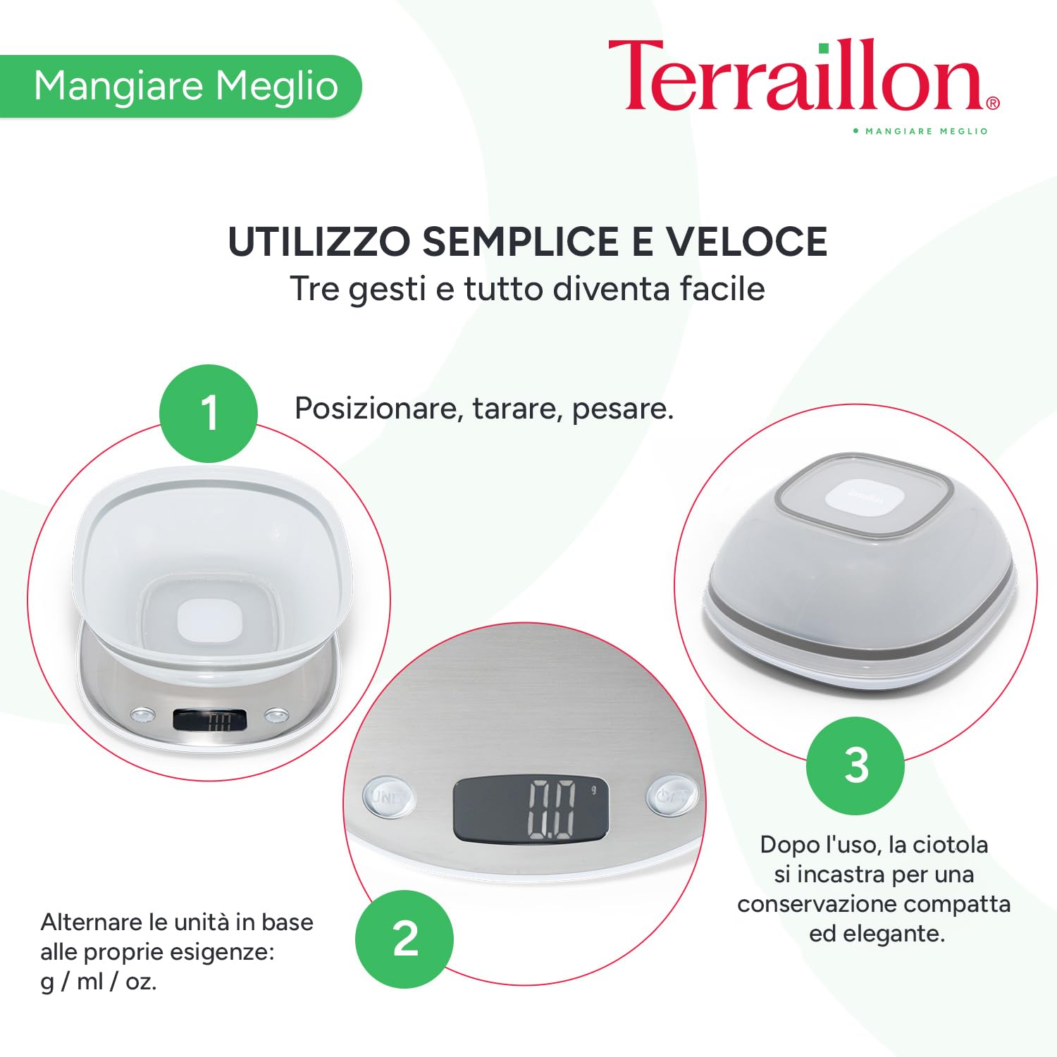 TERRAILLON - MACARON GLACEE + BOL - Bilancia da cucina elettronica, finitura inox, ciotola da 1,5 l, schermo LCD retroilluminato, maniglia integrata, capacità 5 Kg, gradazione 0,5 g/1 g, acciaio inox