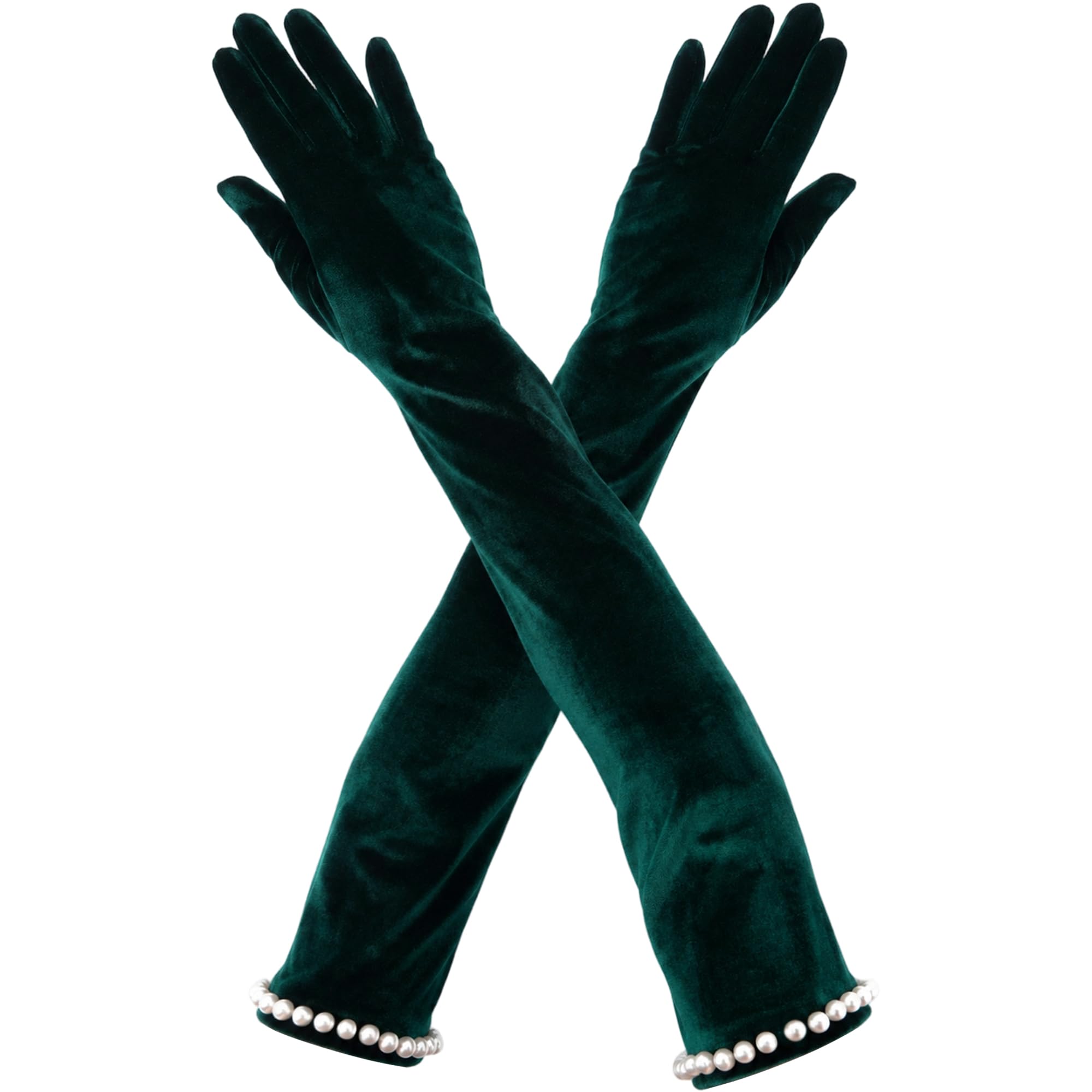 Long Velvet Gloves for Women, Vintage Opera Gloves with Pearl Cuff Trim