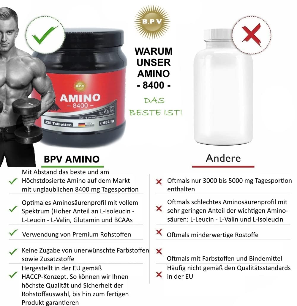 Amino - Höchste XXL Dosierung 8400 mg - 650 Tabletten - Aminosäuren- BCAA- EAA - Mit Abstand das Stärkste Amino Produkt auf dem Markt