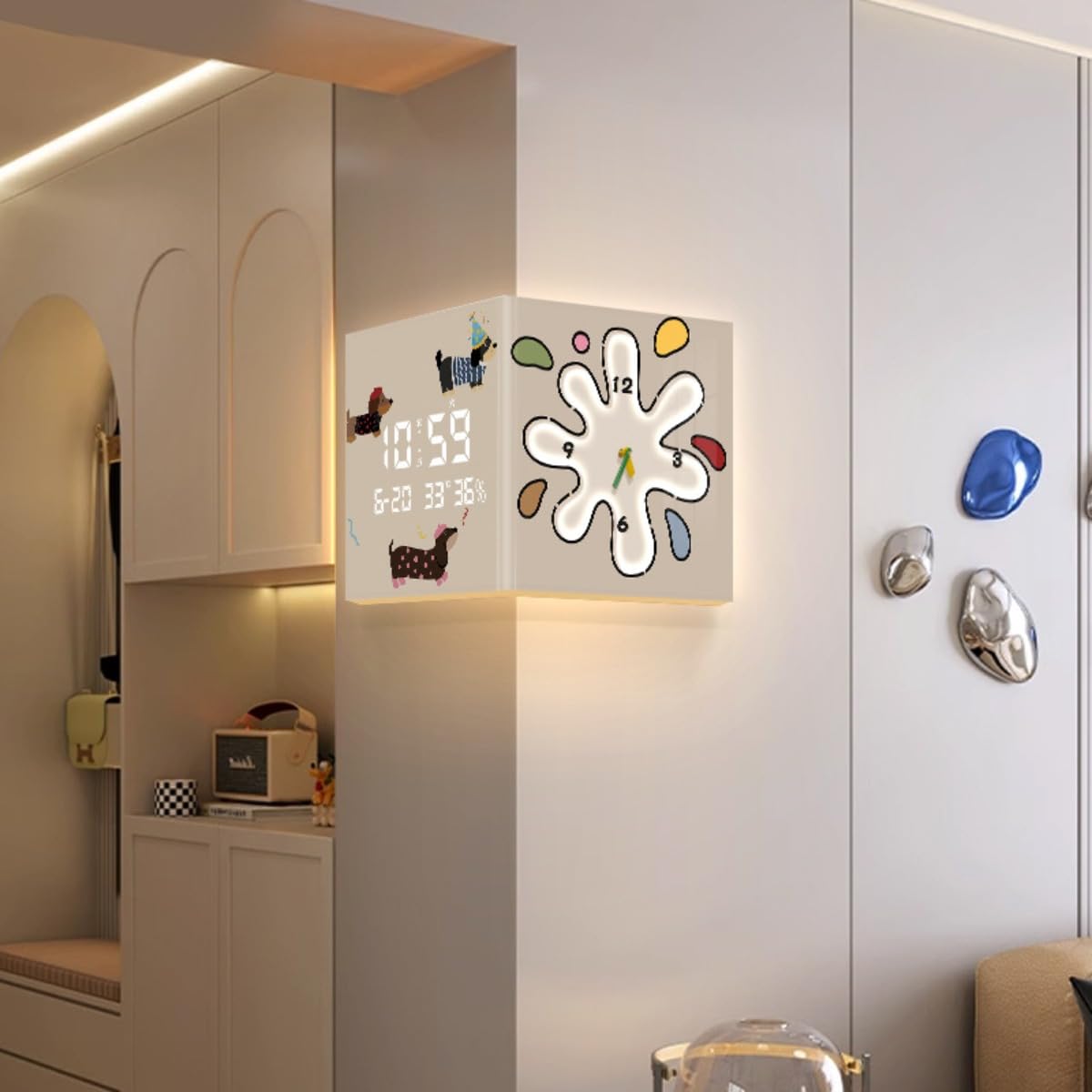 Dwustronny elektroniczny zegar ścienny do narożnika salonu, kreatywny kreskówkowy szczeniak design dekoracyjny zegar