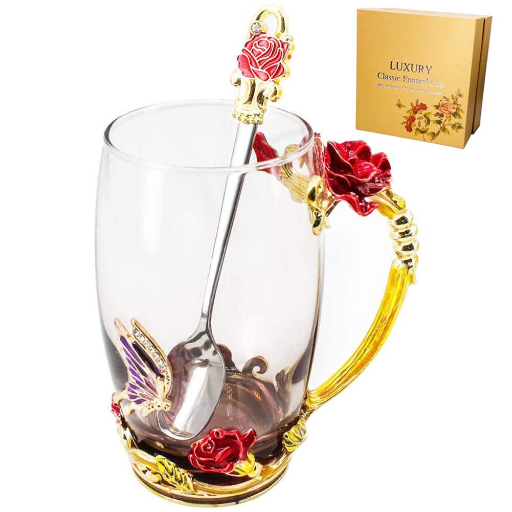 WeierkenGlass Tea Mug with Spoon, Mother's Day Gifts, Handmade Enamel Rose Flower and Butterfly Clear Glass Coffee Cup, Unique Birthday Christmas Gift Ideas for Mom Grandma Female Friend 12oz