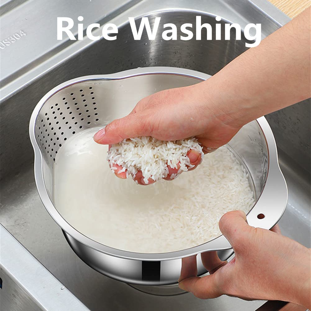 Lavvi - Cuenco de acero inoxidable para lavar arroz, versátil 3 en 1, colador para cocina, verduras, frutas, plata, 9.84 pulgadas 4