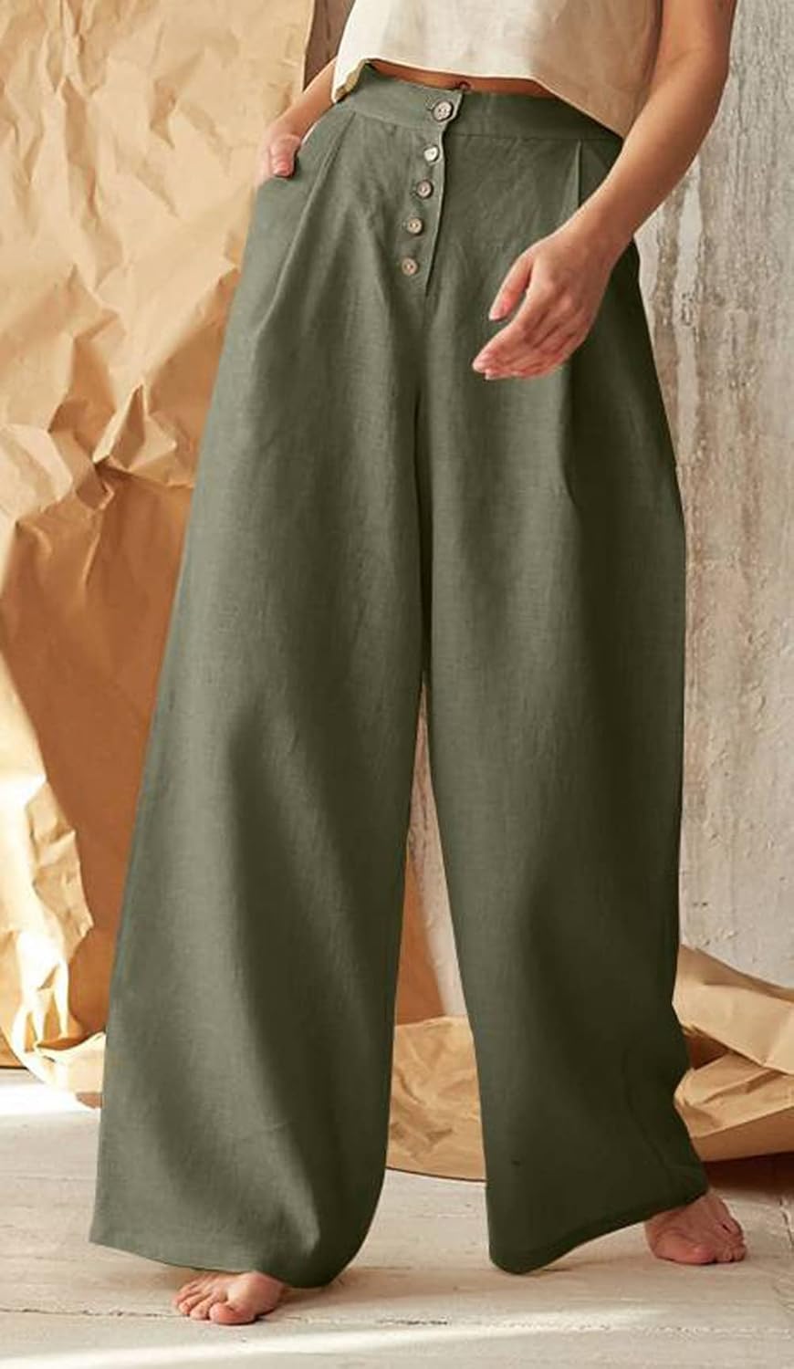 CHARTOU Women's Summer Button High Waist Wide Leg Cotton Linen Palazzo Pants with Pockets - Image 2