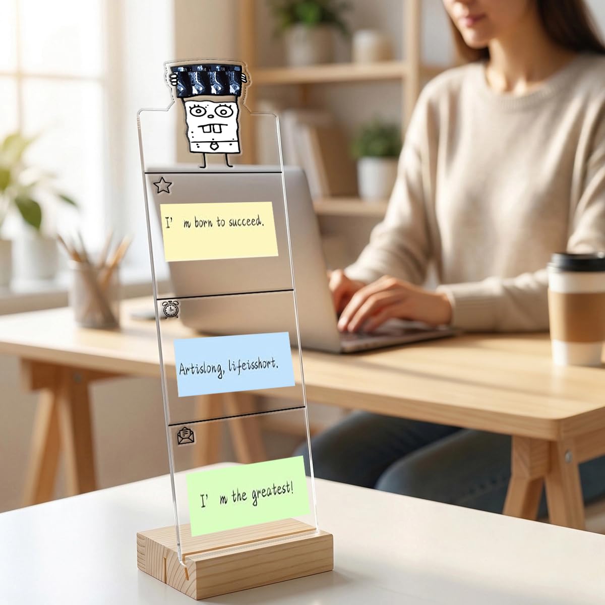 Bacheca per monitor per computer, bacheca per appunti, organizer per note adesive MRI, accessori da scrivania in acrilico, base in legno rimovibile, 100 fogli, 30 x 8,2 cm