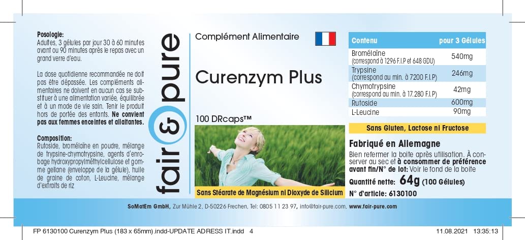 Fair & Pure® - Curenzym Plus 100 con bromelina, tripsina, quimotripsina y rutósido - Enzimas digestivas - 100 Cápsulas