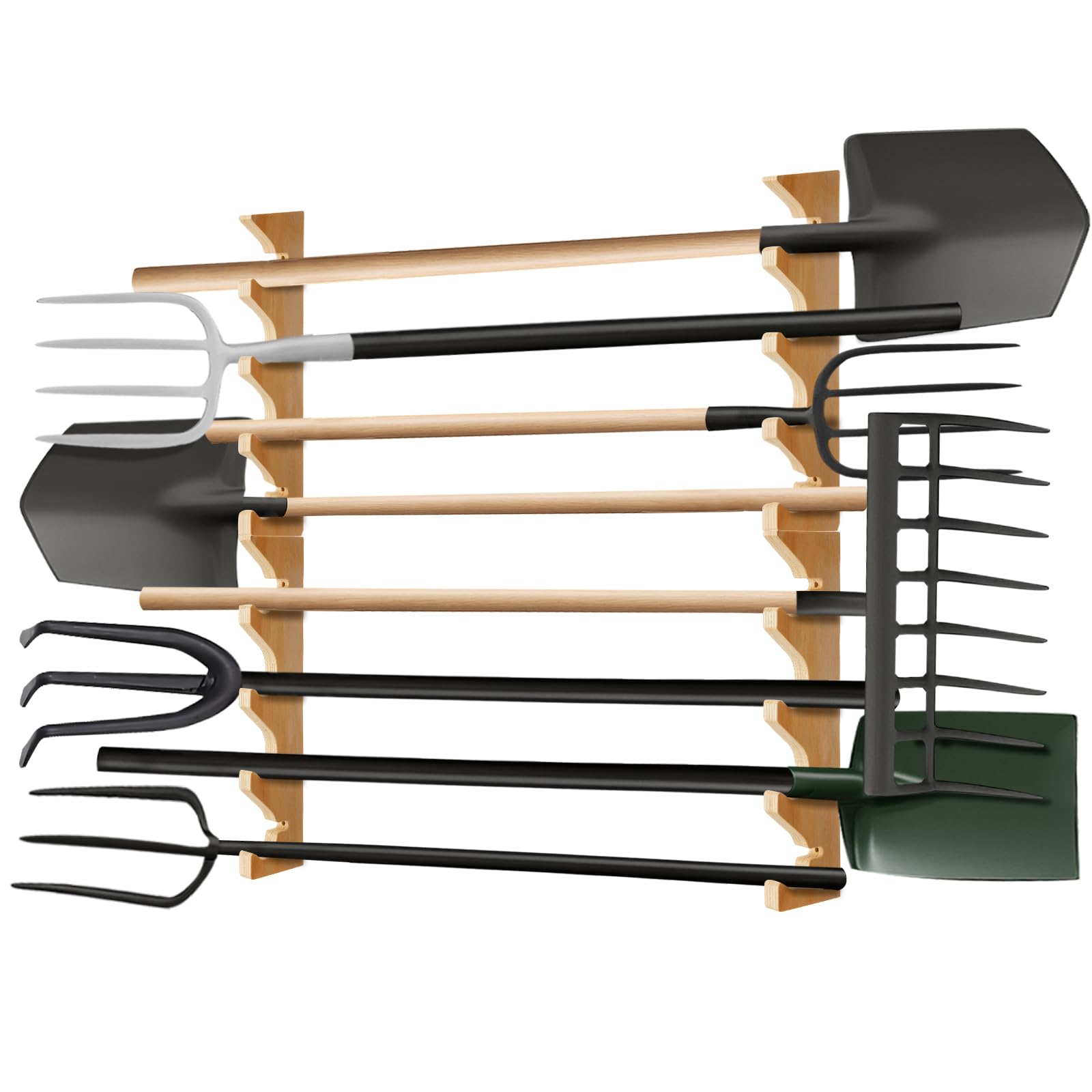 Beeveer 2 Pairs Pine Wood Garden Tool Organizer Wall Mount Garage Shed Yard Organization Racks Horizontal Garden Tool Holder for Wall Shovels Rakes Long Handled Objects Storage, 8 Slots in Total