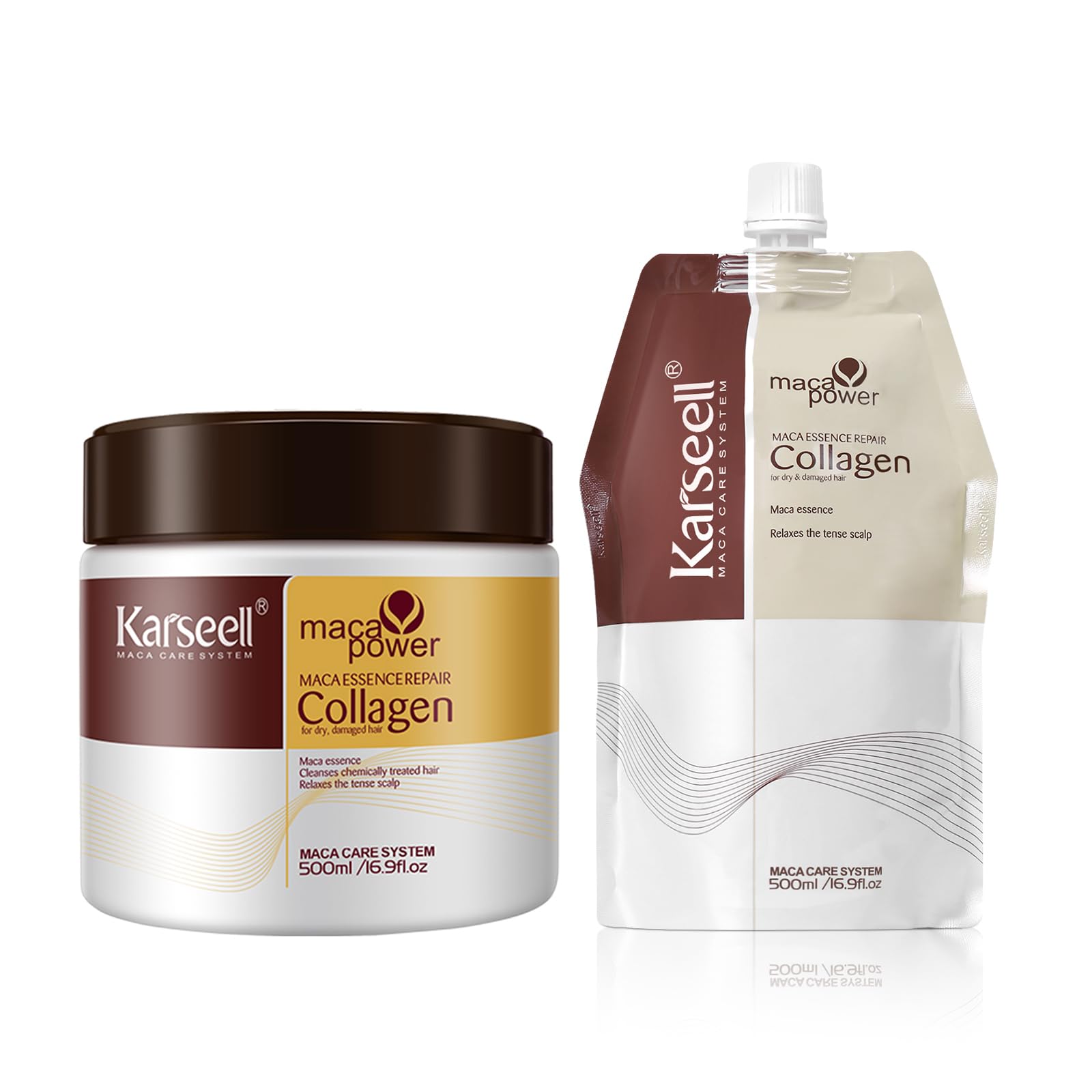 Karseell Mascarilla Capilar con Colágeno 2 × 500 ml, Tarro + Recarga, Tratamiento Nutritivo para Cabello Seco y Dañado