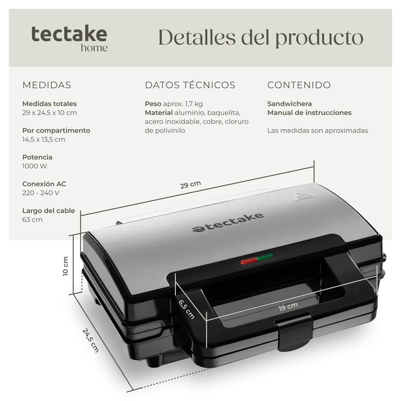 tectake® Sandwichera Eléctrica Antiadherente, Resistente al Calor, Parrilla Eléctrica, Grill Sandwichera, de Aluminio, Tostadora de Sándwiches, Control Automático, Capacidad 2 Unidades
