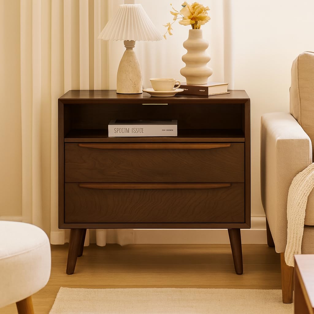 HULALA HOME End Table with Charging Station, Mid-Century Modern 2 Drawer and Open Shelf, Fluted End Table（Walnut）