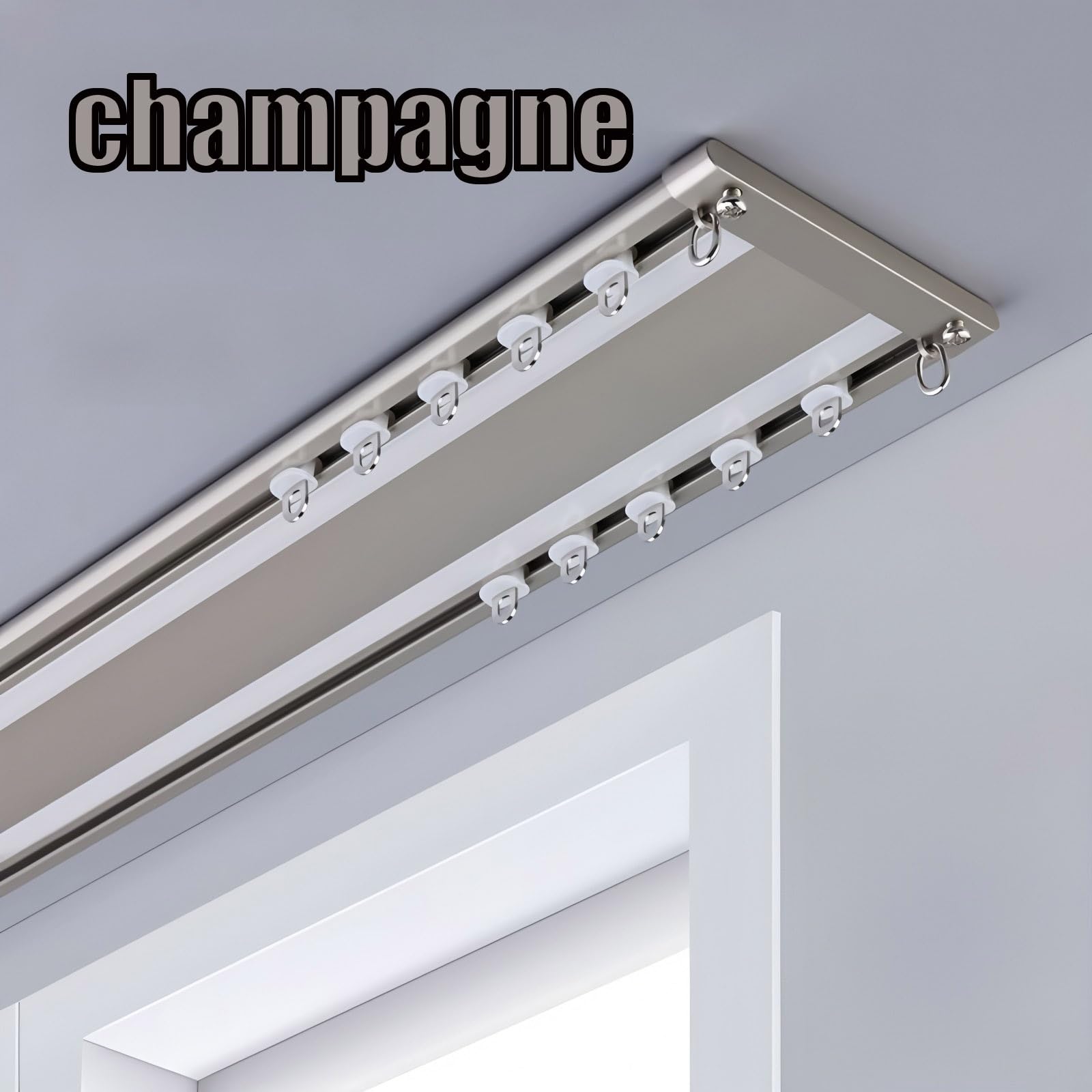 Binario per Tenda A Doppia Fila Silenzioso, Ultra-Sottile Binario Tenda Soffitto Alluminio Scorrevole Bastone Tenda Spessore 6mm con Carrucola E Gancio(Champagne,220cm(86.4in))