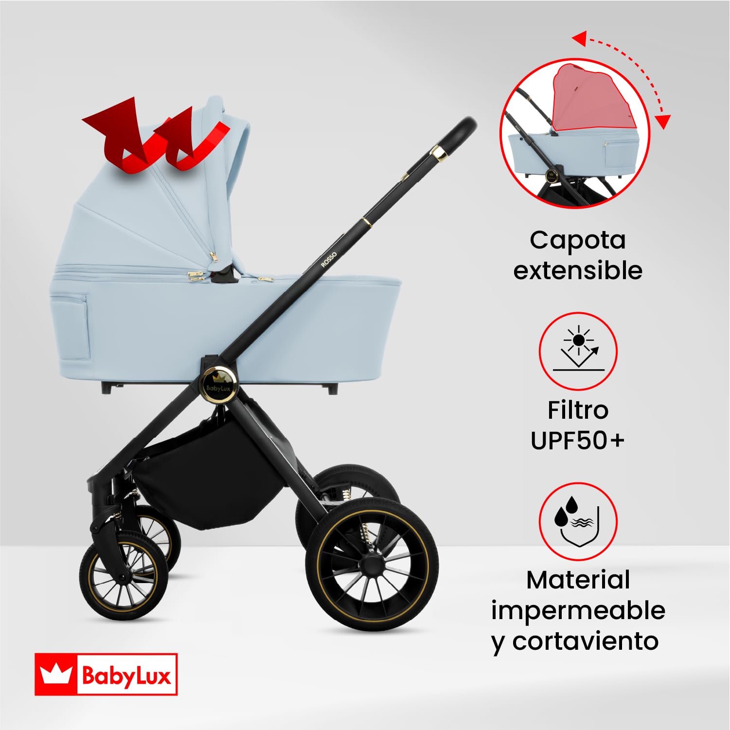 BabyLux® Carrito Bebe 2en1 ROSSO, Conjunto de Cochecito Ligero y Plegable Que Incluye Capazo, Silla de Paseo, Bolso Cambiador y Más Accesorios, 4 Posiciones de Reclinado, 0-22kg, Protección UV 50+