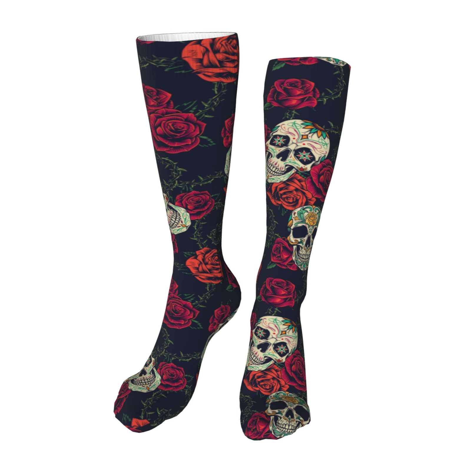 Melbrakin Roses Skulls Knee High Socks Long Cosplay Casual Socks For Womens