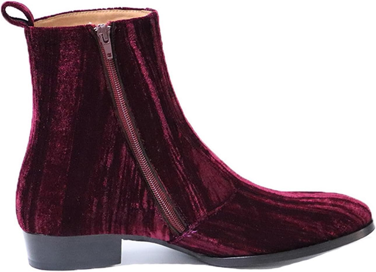 Santimon Men's Velvet Ankle Chelsea Boots - Handmade Burgundy Dress Casual Boots with Side Zipper, Pointed Toe & Low Cuban Heel for Party, Stage, Wedding & Night Out