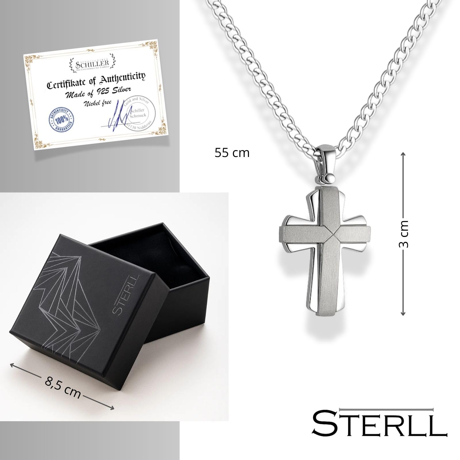 Collar de plata de ley 925 maciza para hombre con colgante de cruz de plata, con caja de joyería, idea de regalo para hombre o amigo