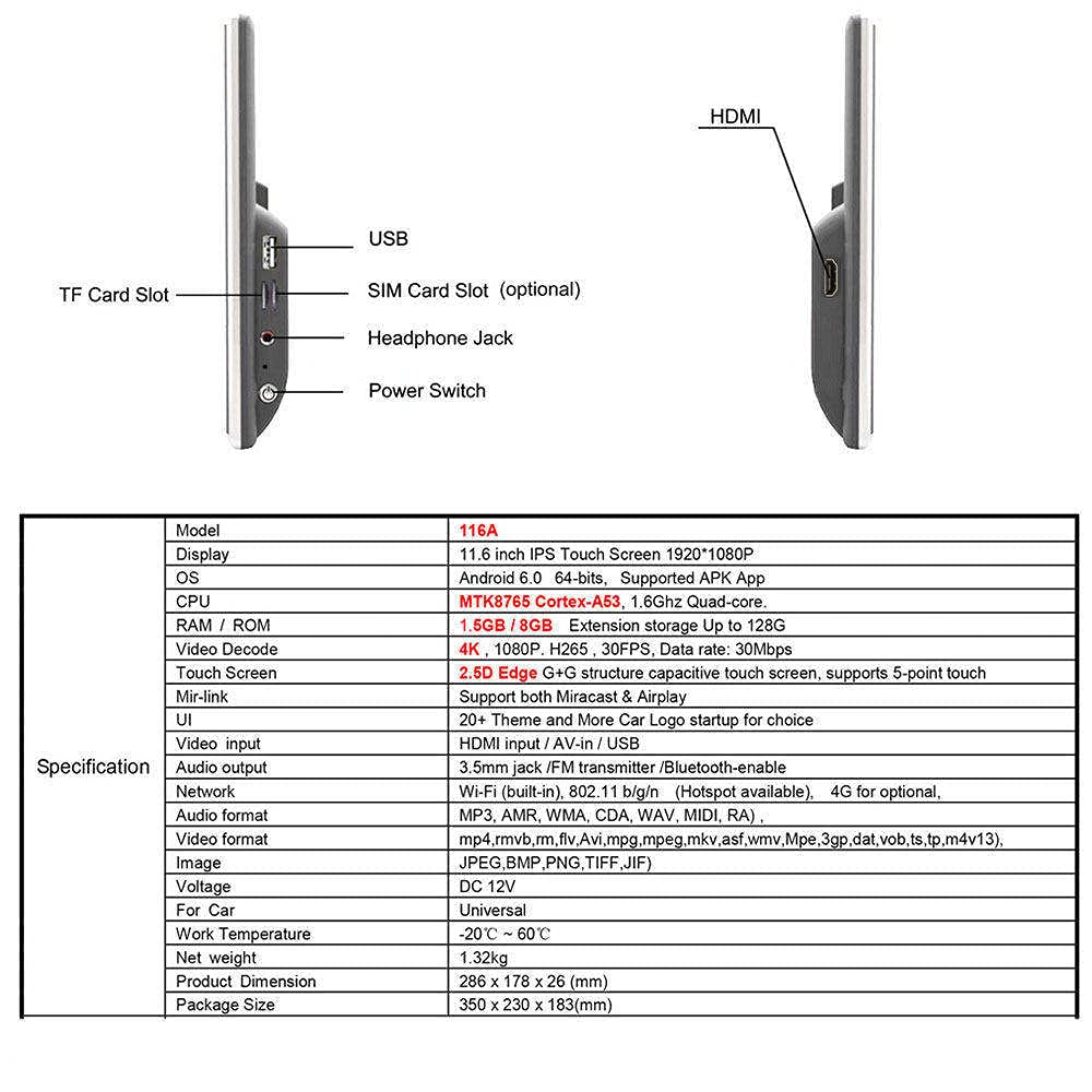 Lettore Dvd Per Poggiatesta Per Auto Da 12'', Schermo Capacitivo Tattile Ultrasottile 4K IPS Ultra Definition A 5 Punti, Con Funzione Mirror Link, Ingresso Hdmi/Fm/AV-In/Usb,Wi-Fi Integrato,2 Pezzi