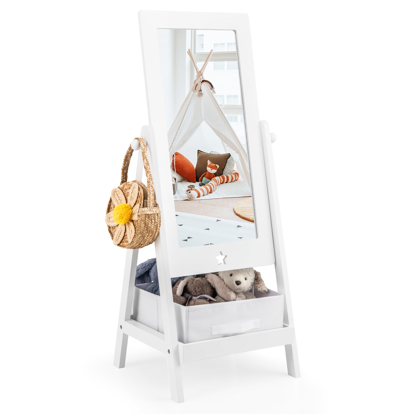 GLACER Kids Wooden Standing Mirror, Freestanding Full Length Dressing Mirror w/Bottom Shelf & Foldable Storage Bin, 360 Degree Rotatable Rectangular Floor Mirror for Kids Bedroom Playroom