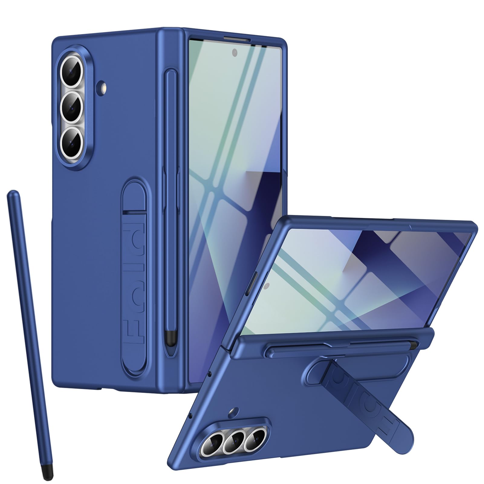 Custodia con supporto per Samsung Z Fold 7, Pellicola protettiva, Protezione Cerniera, Portapenne, Cover con pieghevole supporto per Samsung Galaxy Z Fold7 e penna stilo-Blu scuro