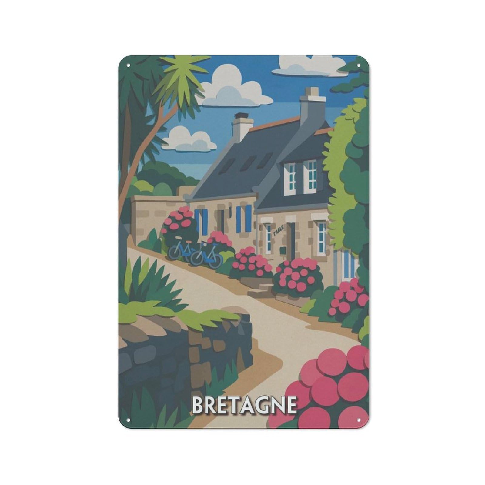 Retro Metal Wall Plaque 30x20cm Featuring Bretagne Village Scene, Room Wall Plaque for Hallway, Home Bar, Garage Or Study