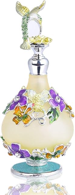 YU FENG Refillable Decorative Glass Perfume Bottle w/Fancy Retro Frosted Design - Vintage Perfume Bottle Empty w/Hummingbird Figurine Top