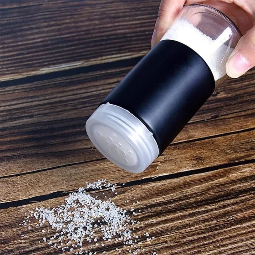 Image of Salt Shaker for Professional Chef - Stainless Steel Salt and Pepper Shaker, Moisture-Proof Holder Seasoning Condiment Set with Glass Bottom Spice Dispenser (Pack of 2, Black)