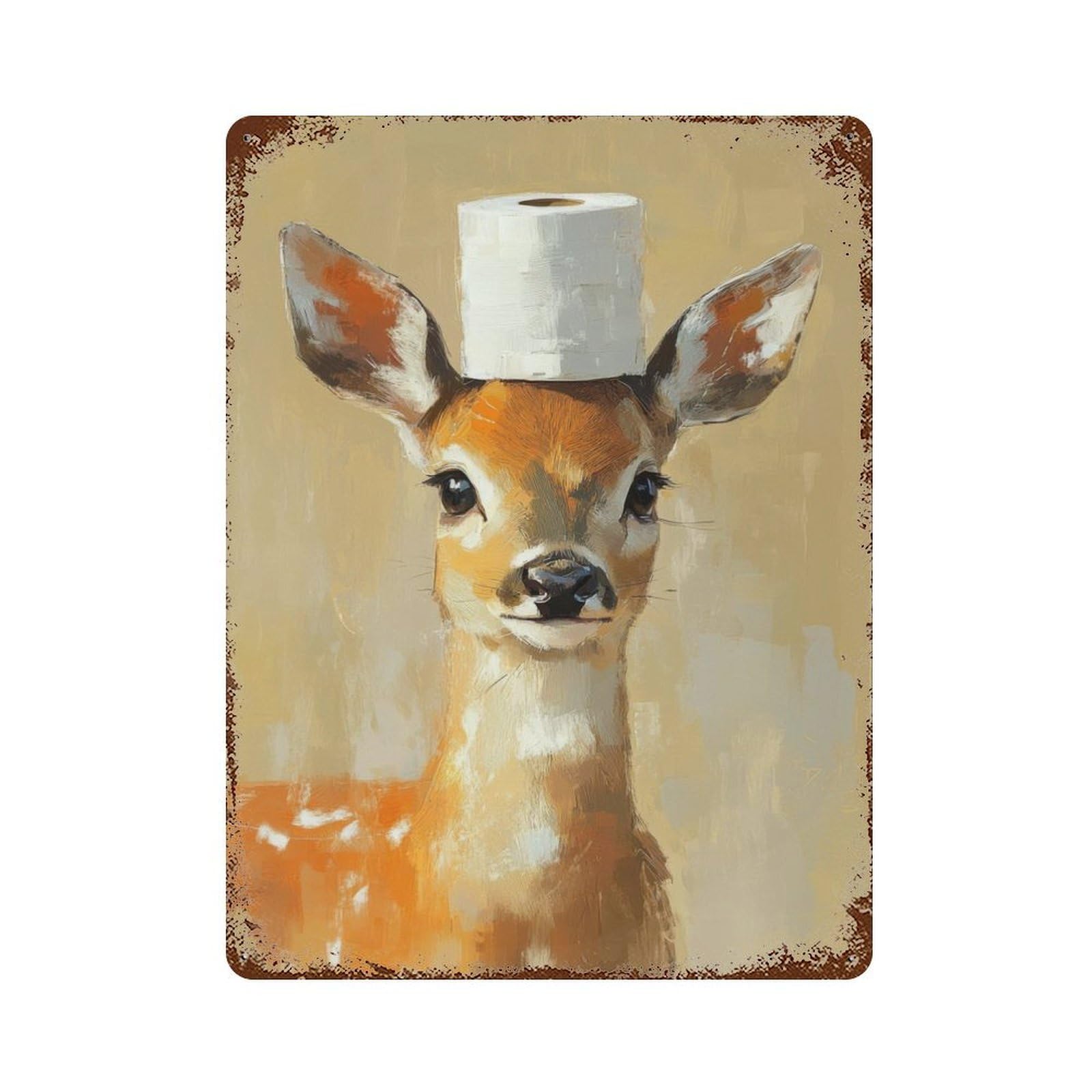 Fawn with Toilet Paper Hat Rustic Tin Plaque 15.7"x11.8", Novelty Wall Decor for Garage, Pub Or Kitchen