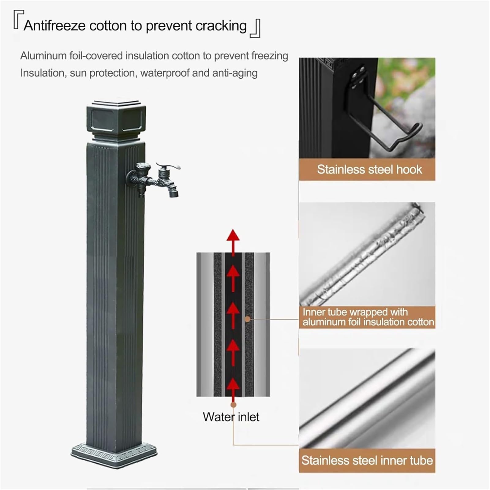 Columna de agua independiente para exteriores con grifo y pistola de pulverización para un fácil riego y cuidado del jardín