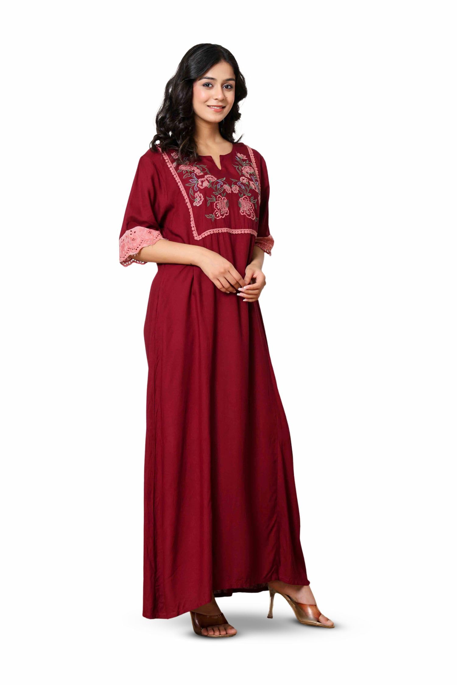 nihsamah Viscose Nighty for Women, Embroidered & Printed Stylish Night Gown, Long Sleeve Comfortable Sleepwear Long Nightwear, Maxi-picture-38