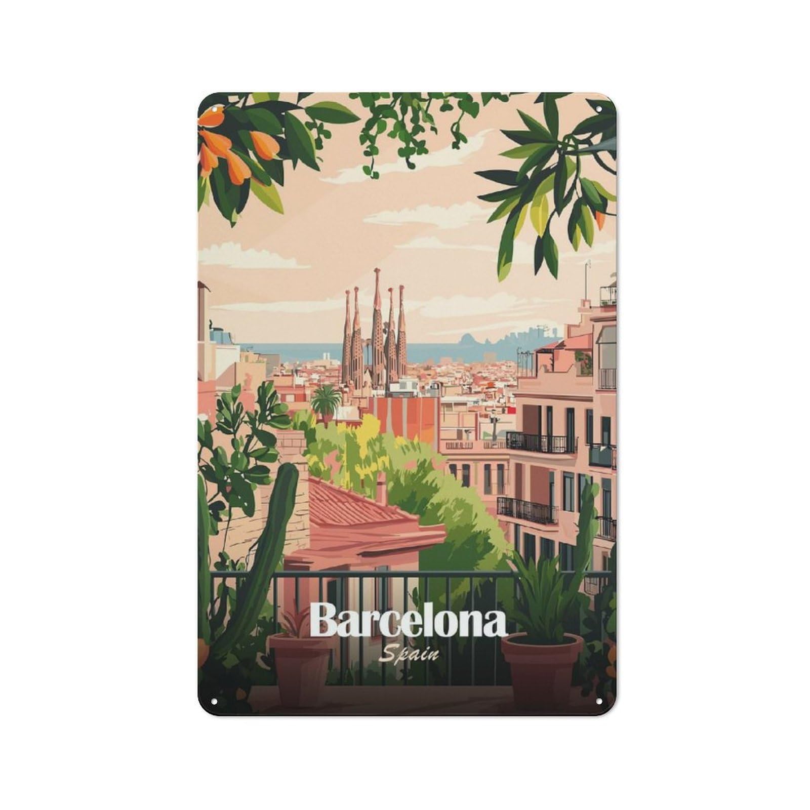 Metal Gift Sign with Barcelona Spain Cityscape Illustration Design 30x20cm, Character Room Wall Plaque for Flat, Dorm Room, Lounge Or Cafe