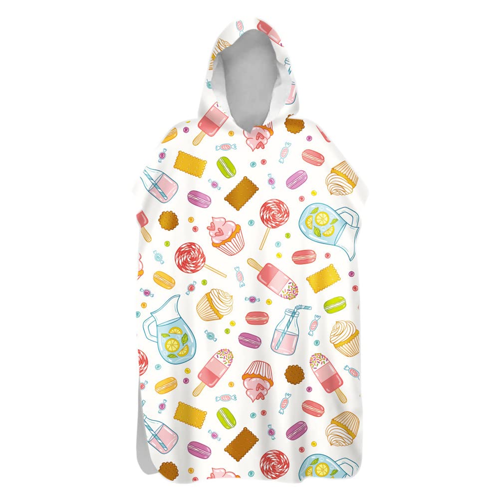 Treer Poncho Changing Robe Hooded, Dessert Cake candy Print Large Beach Towel Quick Dry Light Weight Blanket Towel with Hood for Surfing Swimming Wetsuit Adult Woman & Man (White,75x145cm)