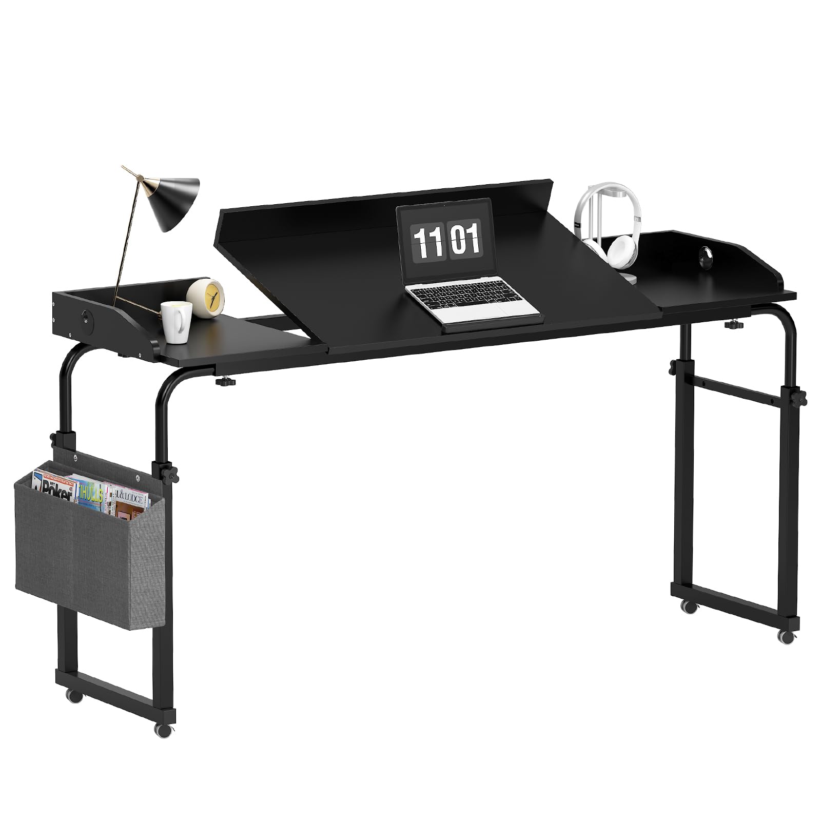 SogesHome 60" Height Adjustable Overbed Table with 18-Level Adjustable Tiltable Tabletop and Side Storage Bag, Adjustable Overbed Laptop Desk with 4 Lockable Wheels for Home, Black