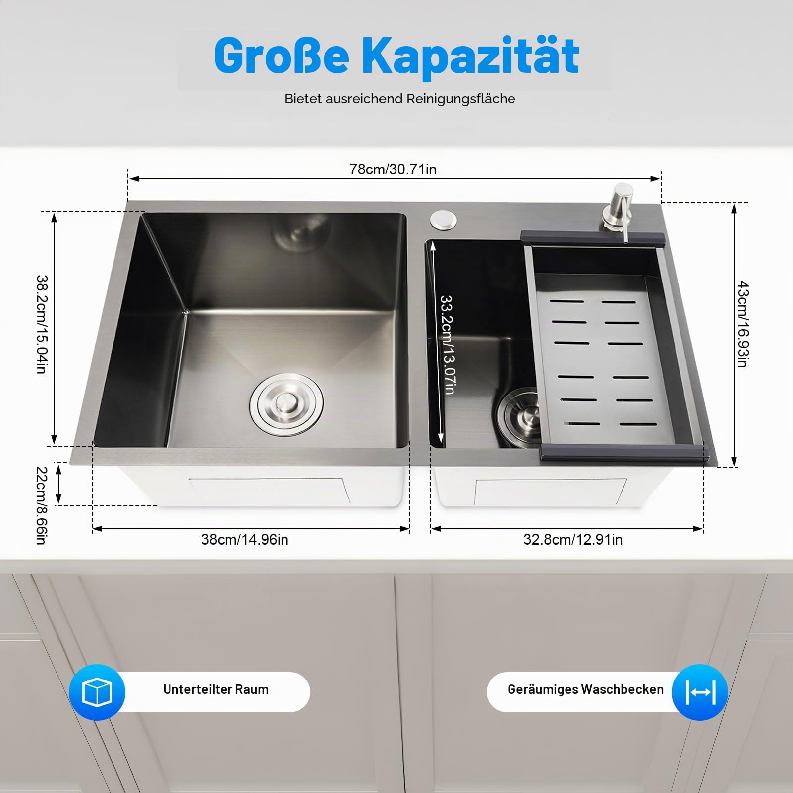 Doppelbecken Spüle Edelstahl Küchen, Spülbecken Schwarz Einbauspüle mit Abtropfkorb Abtropfschale Küche Spülbecken Doppelspüle Waschbecken, Abfluss Rohrsatz, Seifenspender