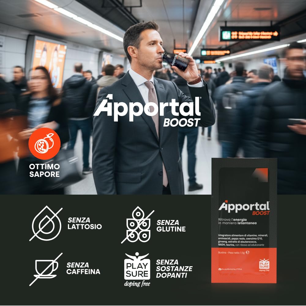 Apportal Boost, Integratore alimentare con Taurina, Ginseng e Vitamina B12, Sostegno mirato al benessere di mente e corpo nei periodi di maggiore impegno, Senza caffeina, 14+14 bustine