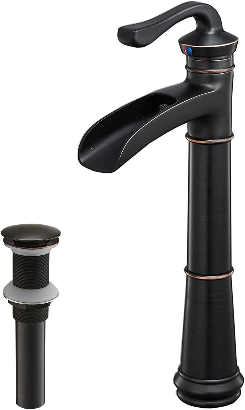 Oil Rubbed Bronze Vessel Sink Faucet Waterfall Tall Farmhouse Single Hole Single Handle Lavatory Bathroom Vanity with Pop Up Drain Without Overflow