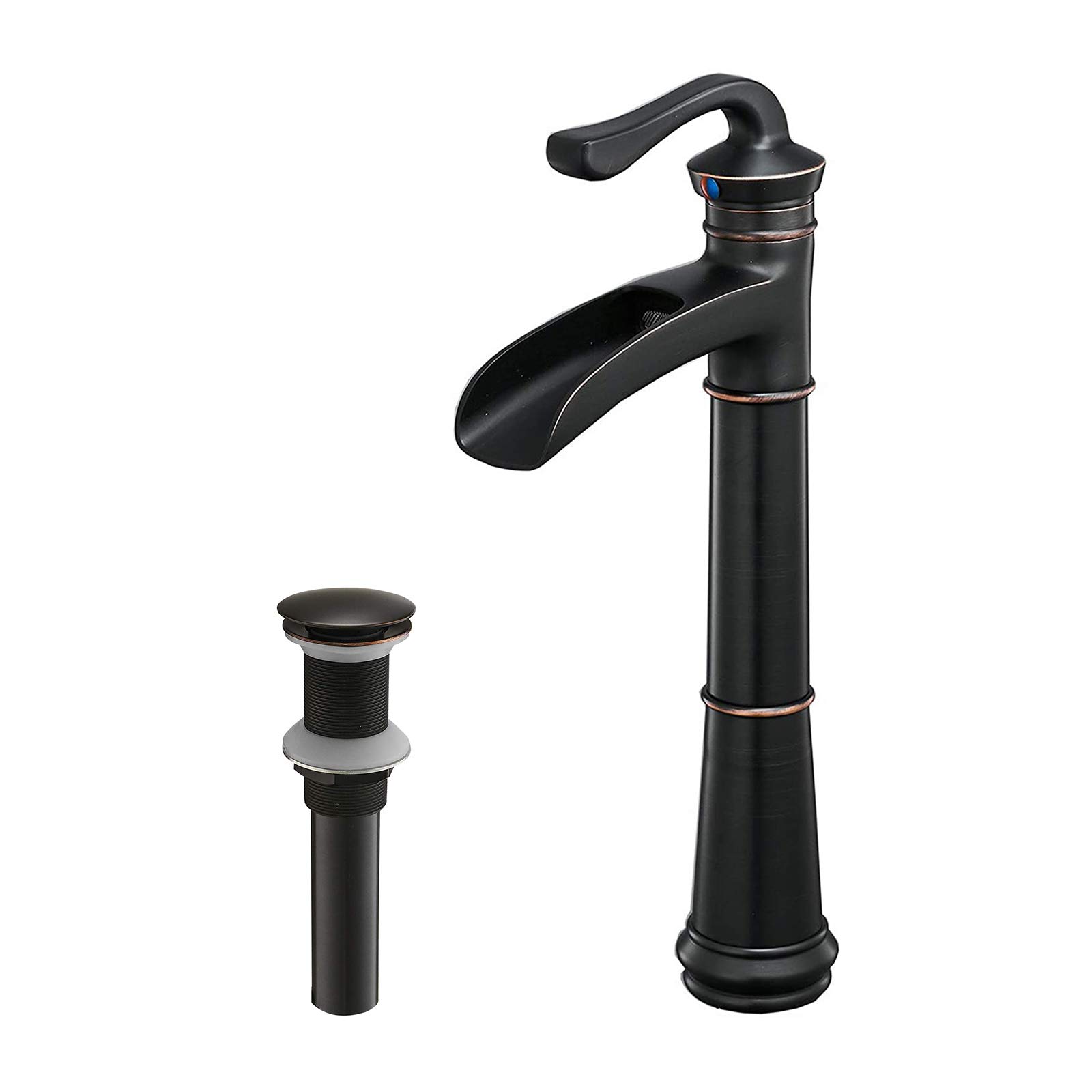 Oil Rubbed Bronze Vessel Sink Faucet Waterfall Tall Farmhouse Single Hole Single Handle Lavatory Bathroom Vanity with Pop Up Drain Without Overflow