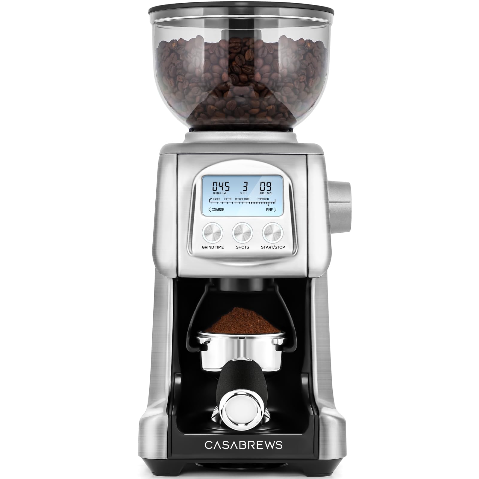 CASABREWS Macina Caffe' Elettrico a Cono, 77 Impostazioni di Macinatura, Macinacaffè Elettrico per Caffè Espresso e portafiltro, Contenitore per I Chicchi da 400gr, Indicatore LED,Acciaio Inossidabile