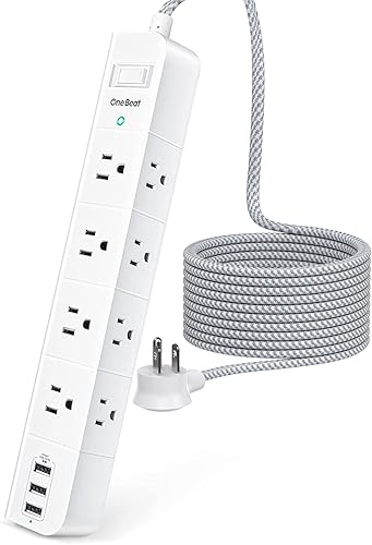 One Beat Cable de extensión de 5 pies, regleta protectora de sobretensiones con 8 salidas de corriente alterna, 3 USB, enchufe plano, estación de