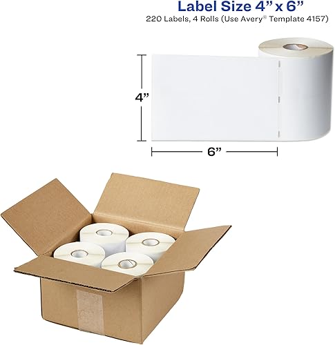 Avery Etiquetas de envío térmico directo, 4 x 6 pulgadas, blancas, impresión térmica directa, comparables a DYMO 1744907, 4 rollos de etiquetas en