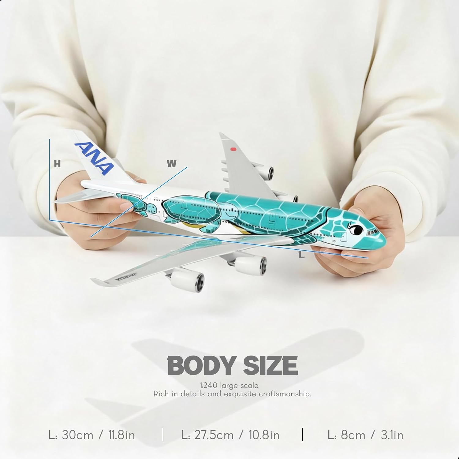 1/240 Compatible for ANA Green Turtle A380 Airplane Model with Stand (30cm L) for Airbus A380 Resin Airplane Model for Adult Aviation Souvenir Gift, Home or Office Desktop Decor