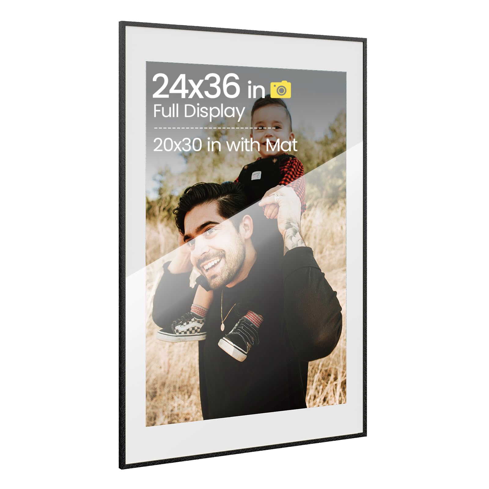Heimlove 24x36 Aluminum Metal Frame, Black Photo Frame 20x30 with Mat or 24x36 Without Mat for Wall Mounting, Wall Hook Hanging Hardware Included