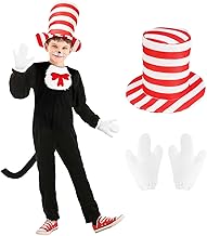 Children Dr.Seuss Cat in The Hat Costume, 3 Pcs Crazy Cat Fancy Dress Jumpsuit for Children, World Book Day Fancy Dress Cat Costume, Cat Outfit Costumes for Kids, Kids Halloween Costume