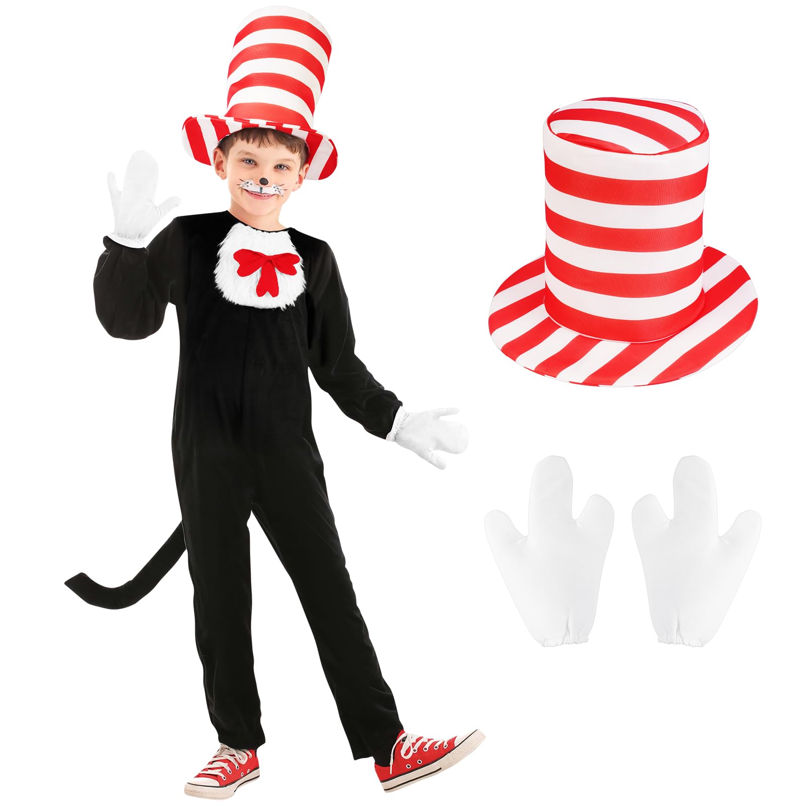 AUYAO Children Dr.Seuss Cat in The Hat Costume, 3 Pcs Crazy Cat Fancy Dress Jumpsuit for Children, World Book Day Fancy Dress Cat Costume, Cat Outfit Costumes for Kids, Kids Halloween Costume