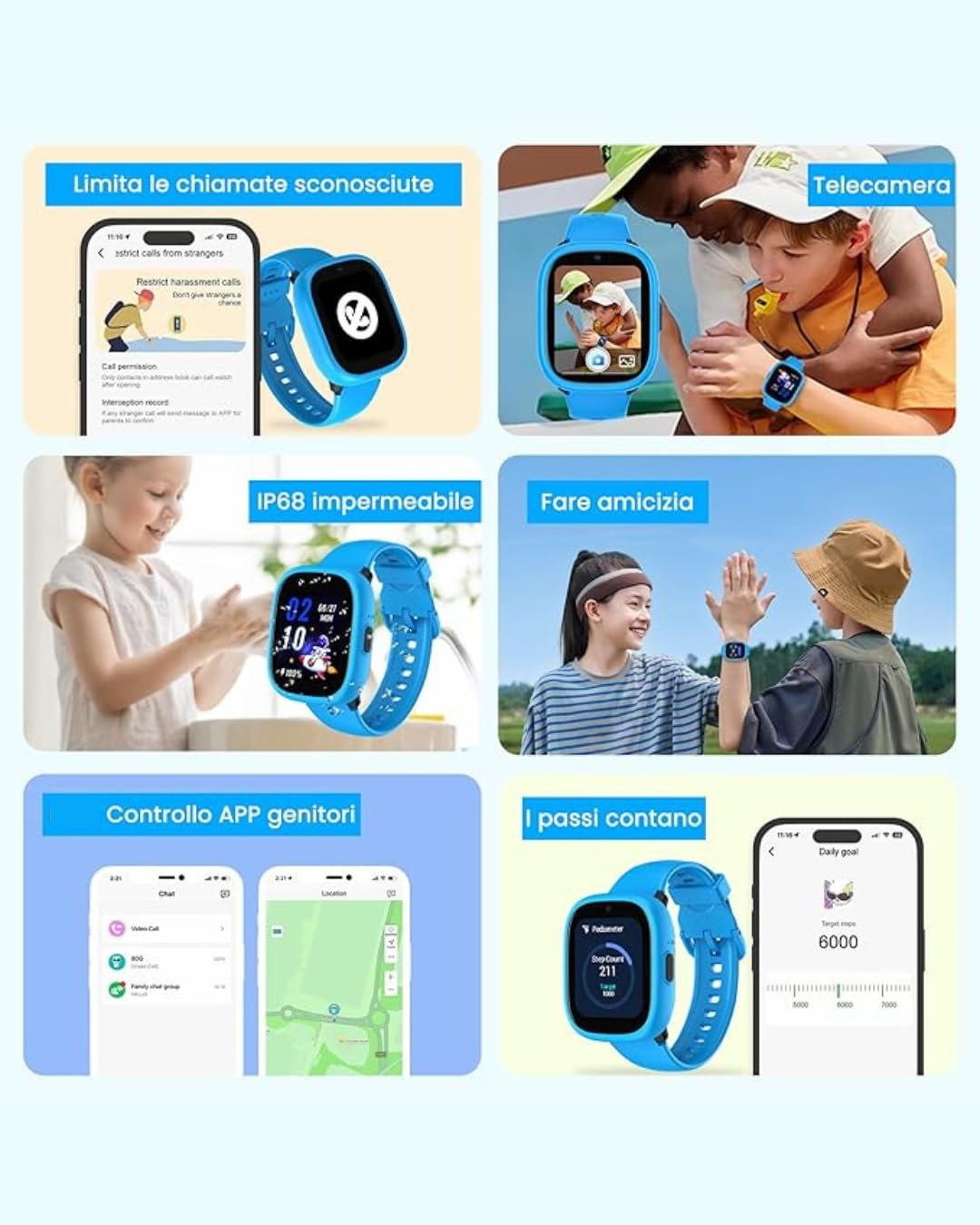 ODS | Radiocom Smartwatch 4G/Wi-Fi per bambini, Smartwatch con GPS e SOS, Chiamate e videochiamate, Chat e messaggi, Fotocamera, IP68 impermeabile, App LAGENIO, Schermo 1.7", Accessori inclusi