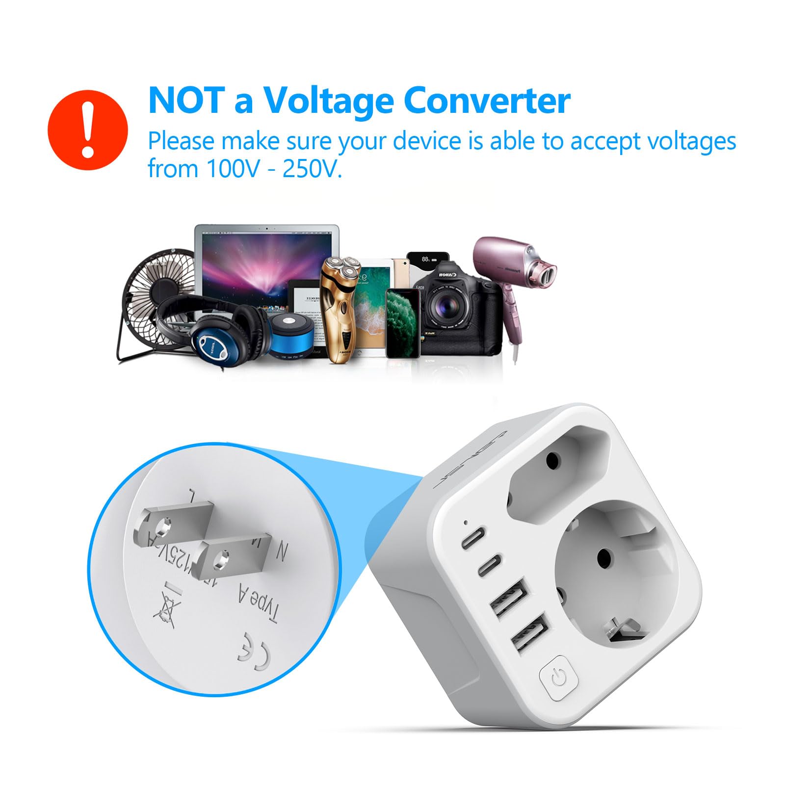 JSVER Adaptador de Viaje para Japón, Enchufe de Viaje Bidireccional con 4 Puertos USB (2 A y 2 C), Adaptador Compacto Tipo A para Conectar Desde España a Japón,EE. UU.,México,Canadá(Blanco) — view 7