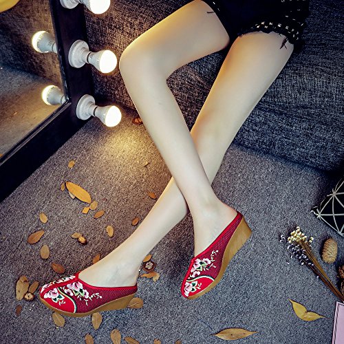 Qhome Women's Chinese Floral Embroidery Comfortable Linen Casual Mules Wedge Slippers Shoes3