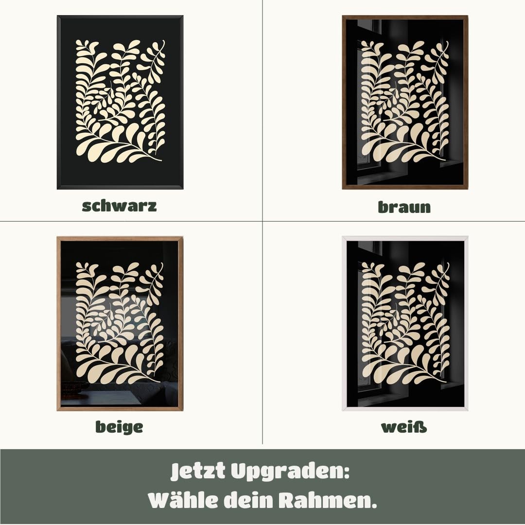 MJ-GRAPHICS® Poster Blätter Kunstdruck minimalistisch Wandbild Beige Wohnzimmer Deko modernes Design Pflanzen Wohndeko inspirierende Wanddeko elegantes Flair A2 mit schwarzem Rahmen
