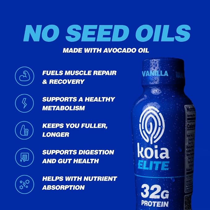 Koia Elite Plant Based Protein Shake, Vanilla, 32g Protein, 4g Sugar, 6g Prebiotic Fiber, Pre & Post Workout Nutritional Drink, No Seed Oils, Dairy-Free, Gluten-Free, Non-GMO, 12 Fl Oz (Pack of 12) miniatura 4
