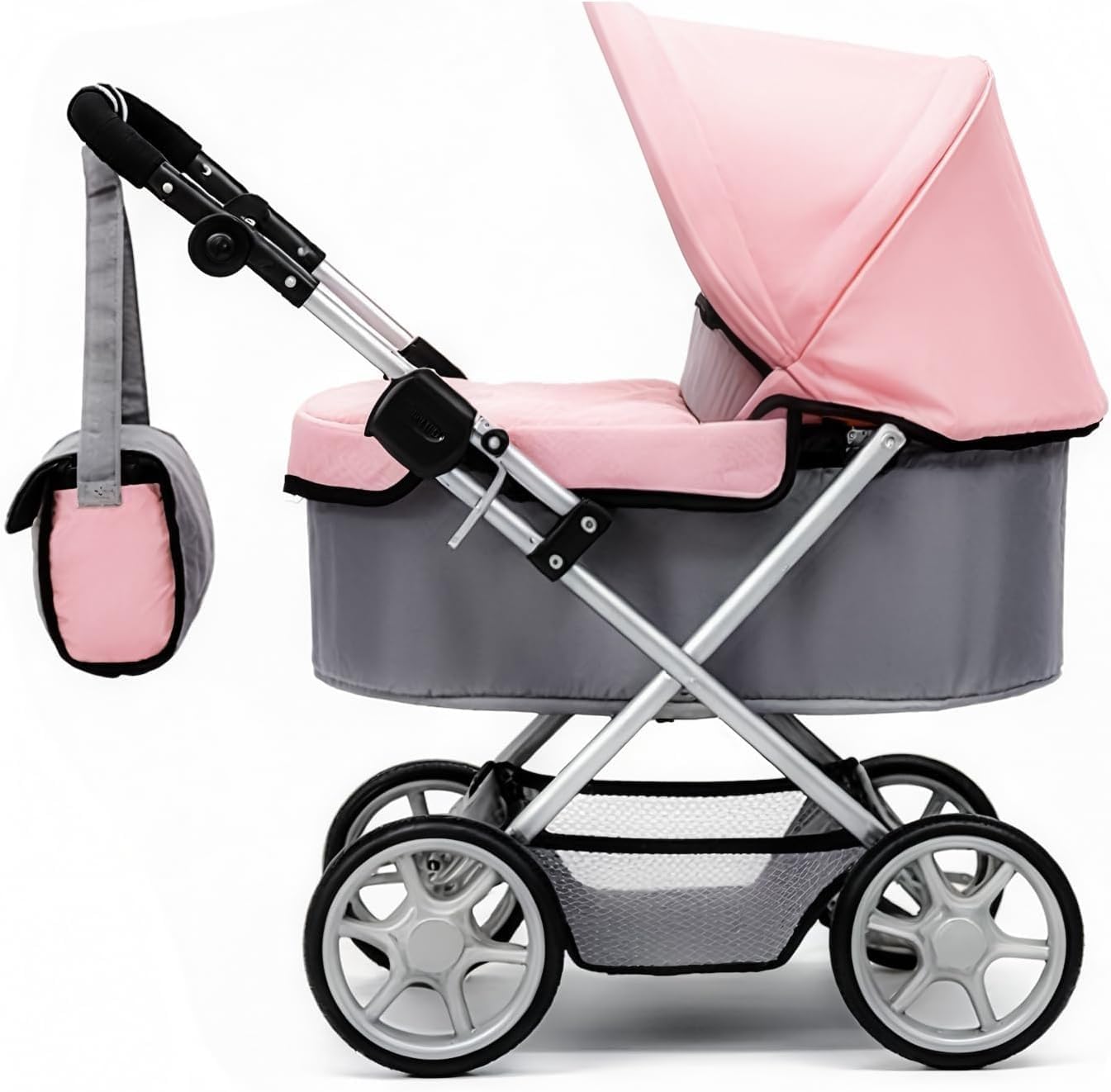 Baby Doll Stroller Foldable Doll Pram with Basket,Adjustable Handle,Light Gray/Pink,Dolls Up to 22" Doll, Dolls to Play Baby Doll Convertible Lightweight Pram Stroller for Kids