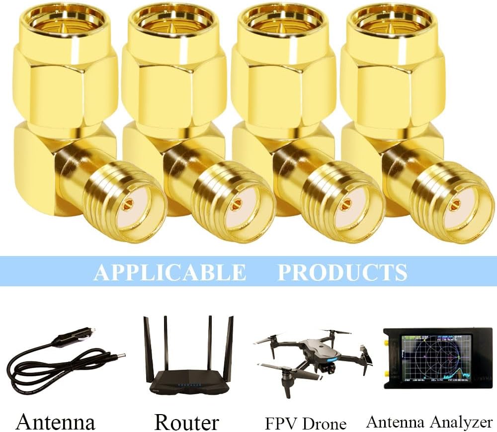 CNARIO SMA 90 Degree Adapter, 90 Degree Coaxial Adapter, SMA Male to Female Right Angle Connector Gold Plated Cable Connector for WiFi/Antenna/Two-Way Radio/FPV Drone 4PCS