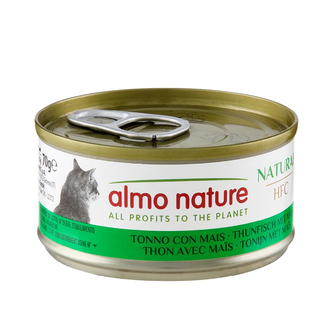 Almo Nature HFC Natural - Wet Cat Food - Tuna with Sweetcorn - Human Grade, Gluten Free, Monoprotein - 70g, Pack of 6